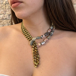 Collar doble de acero y piedra natural jaspe multicolor