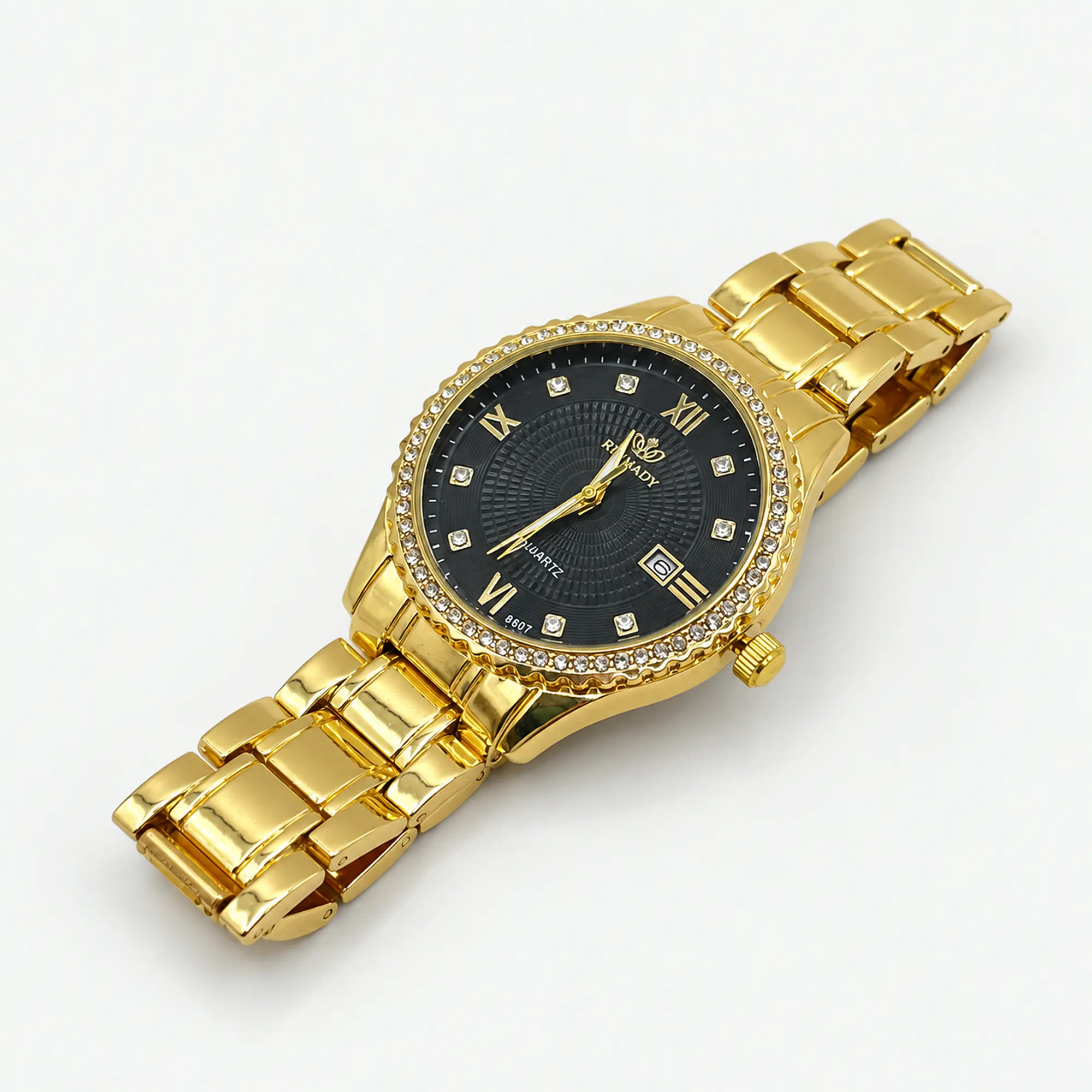 Reloj grande de acero dorado con fondo negro y cristales 1