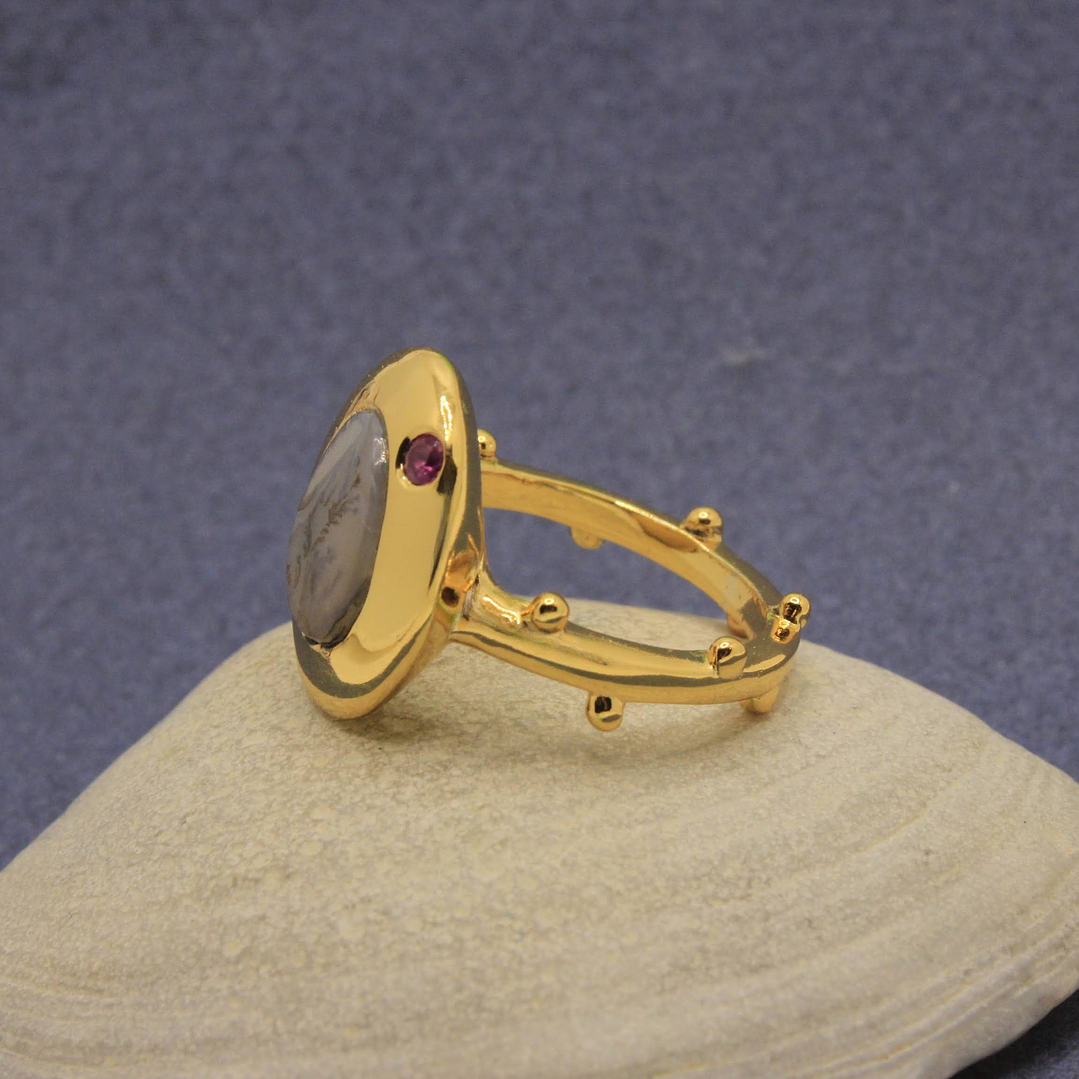 Anillo Dendrita Rubi Plata Dorado 2