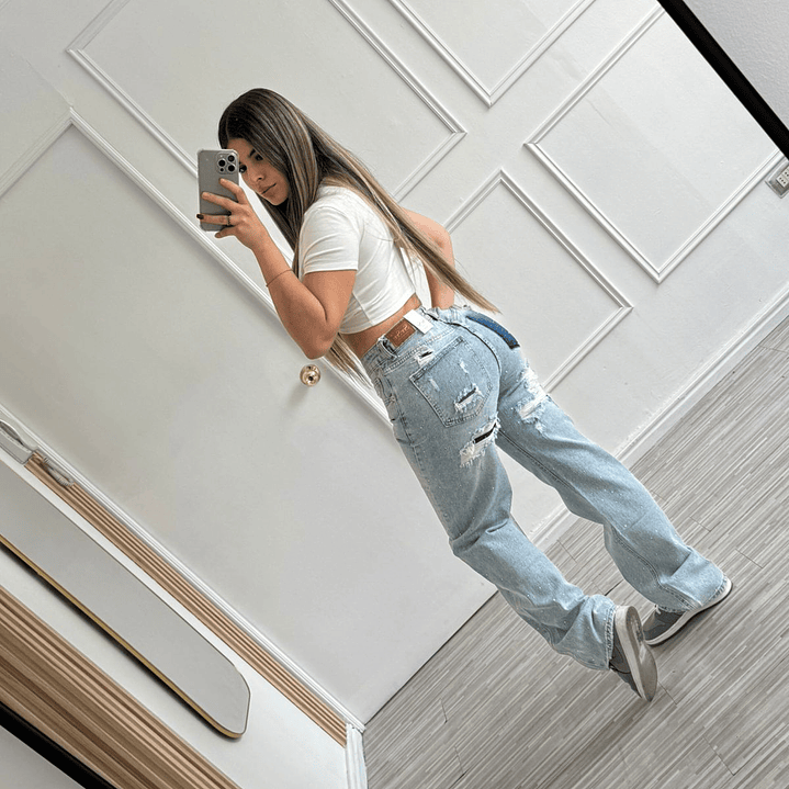 Jeans Europeo Bolsillo falso color azul A3822 3