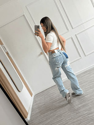 Jeans Europeo Bolsillo falso color azul A3822