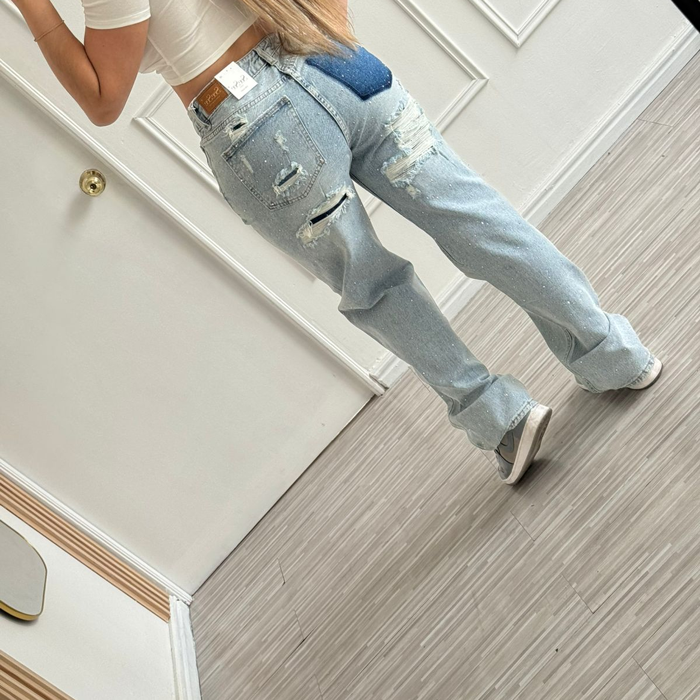 Jeans Europeo Bolsillo falso color azul A3822 4