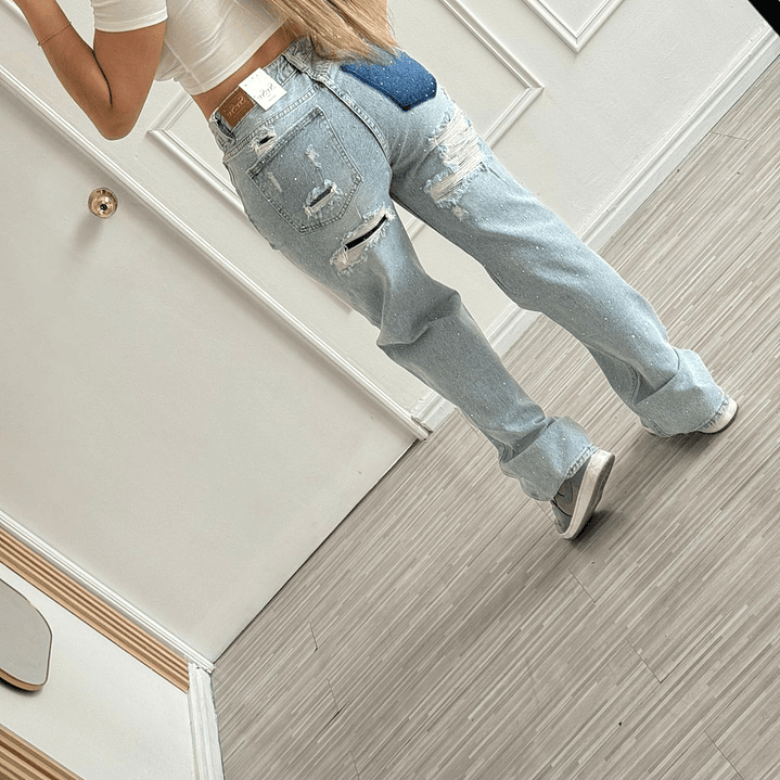 Jeans Europeo Bolsillo falso color azul A3822 4