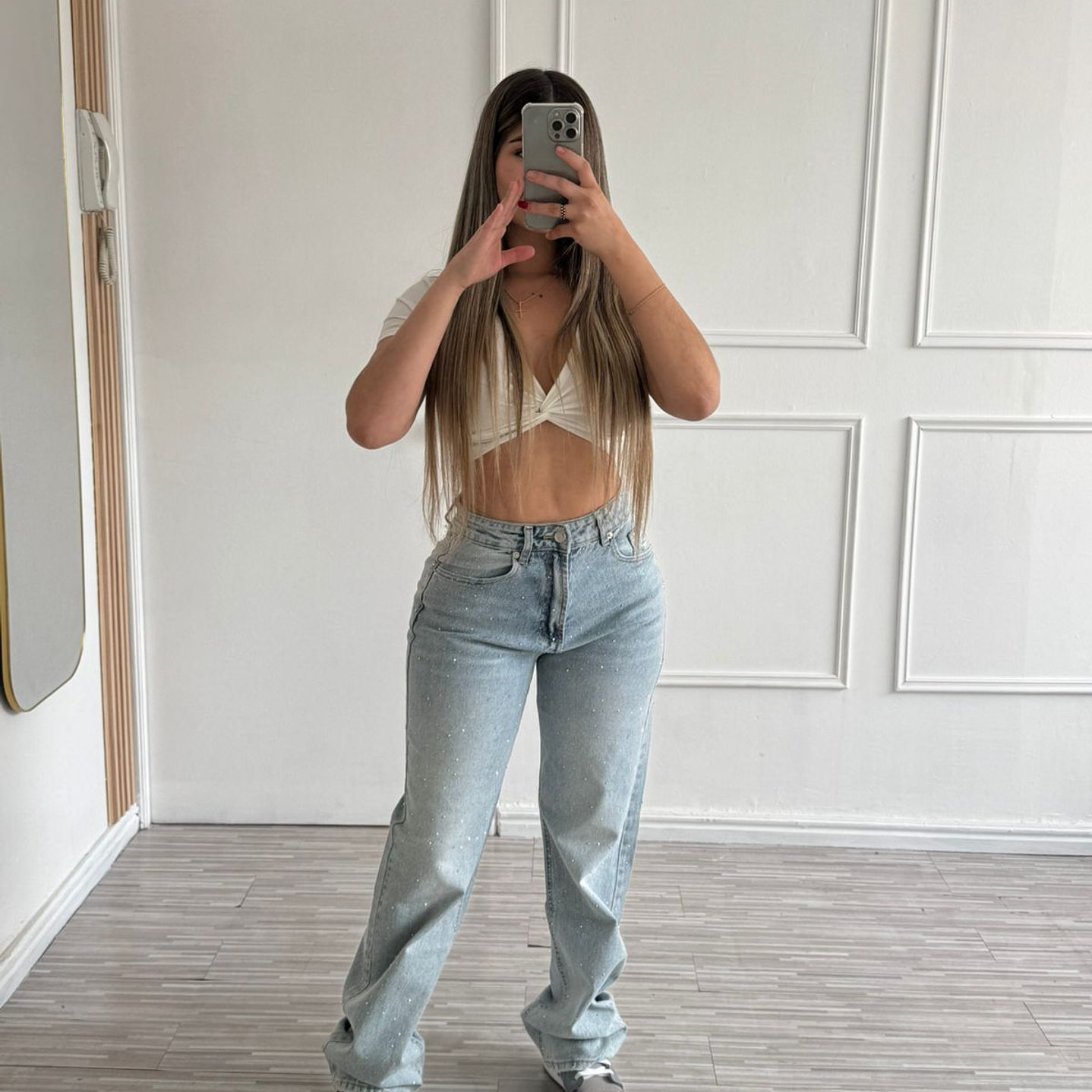 Jeans Europeo Bolsillo falso color azul A3822 5