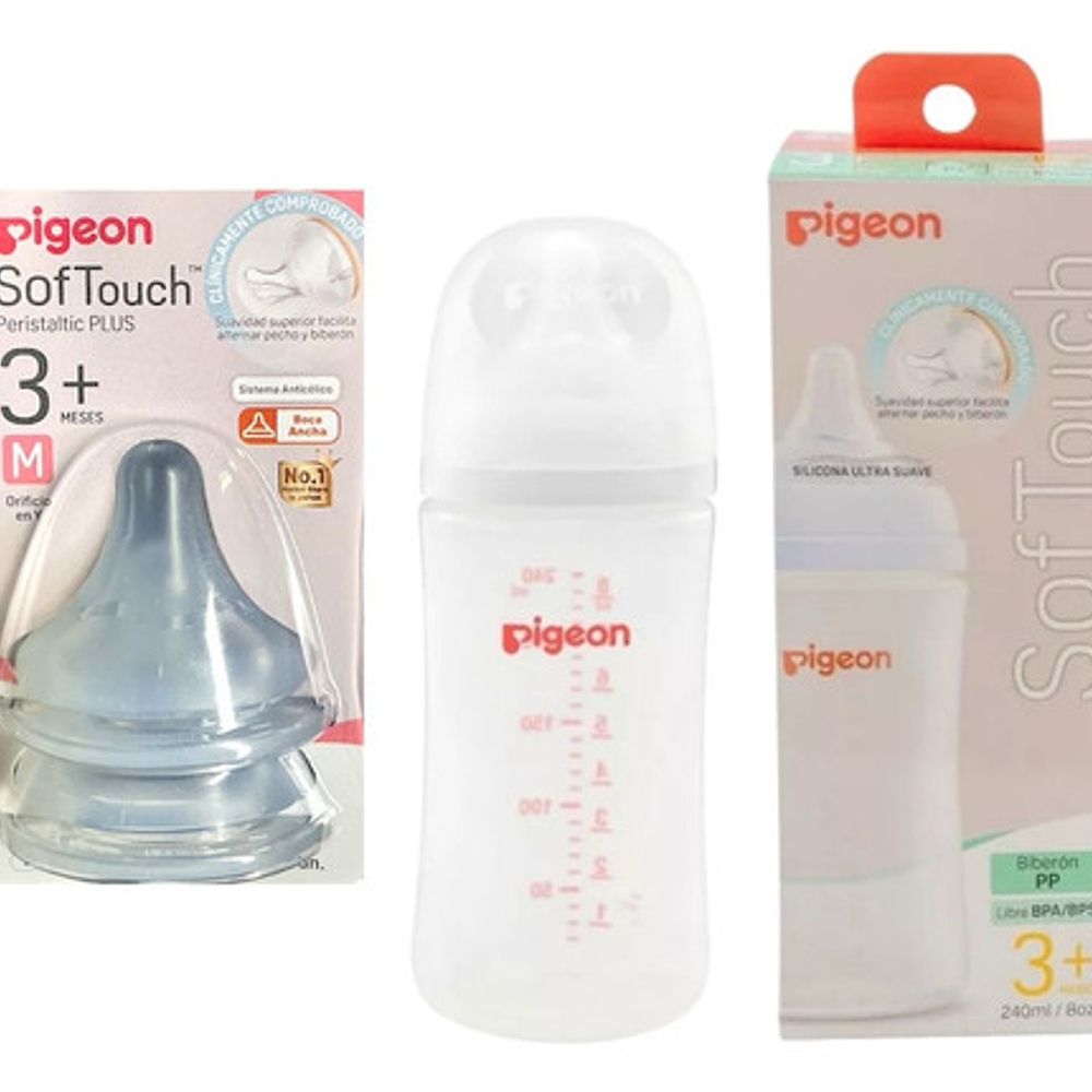 Mamadera 240ml Pigeon Softouch Pp + Tetinas Boca Ancha  2