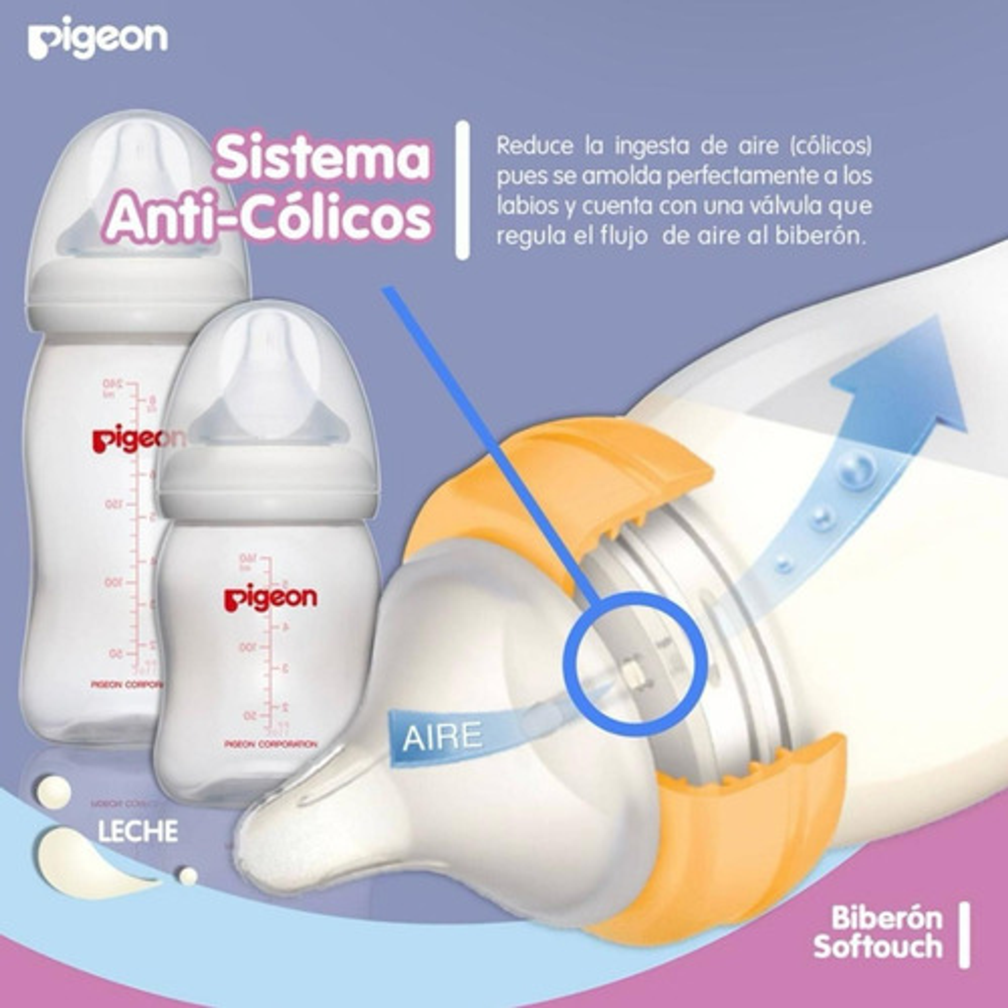 Mamadera 160ml Pigeon  + 2 Tetinas Boca Ancha 4