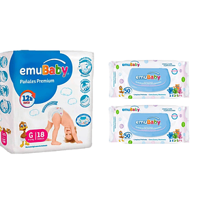 PACK DE PAÑAL TALLA G + 2 TOALLITAS HUMEDAS EMUBABY