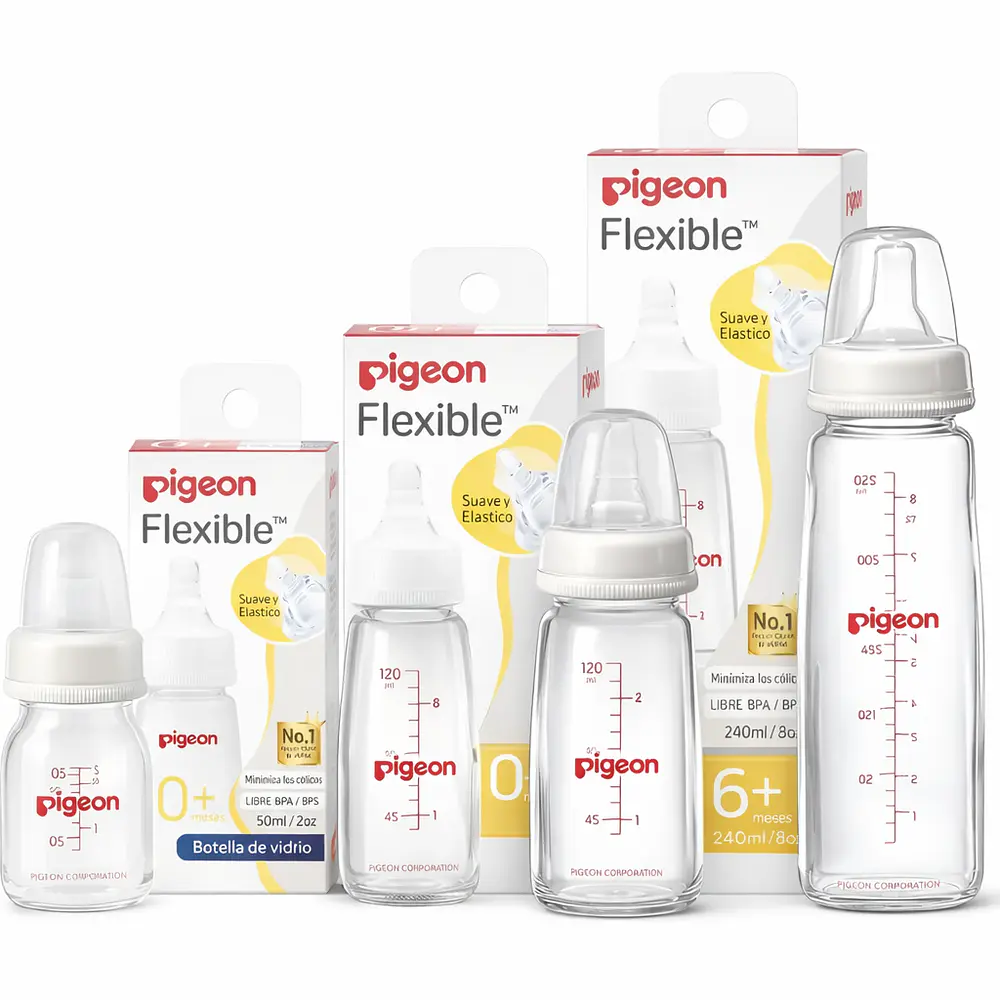 KIT DE 3 BIBERONES PIGEON DE VIDRIO FLEXIBLE 50 120 240 ML  1