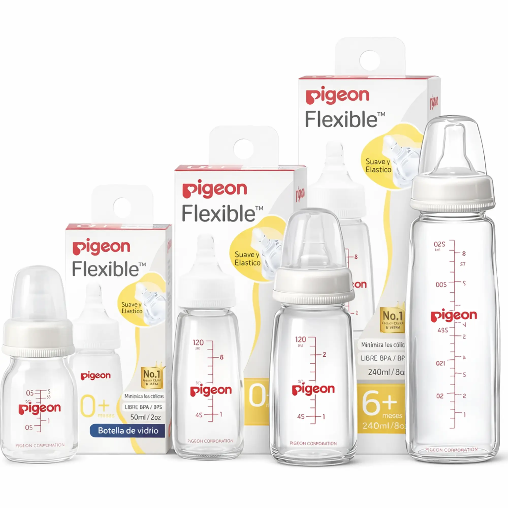 KIT DE 3 BIBERONES PIGEON DE VIDRIO FLEXIBLE 50 120 240 ML  1