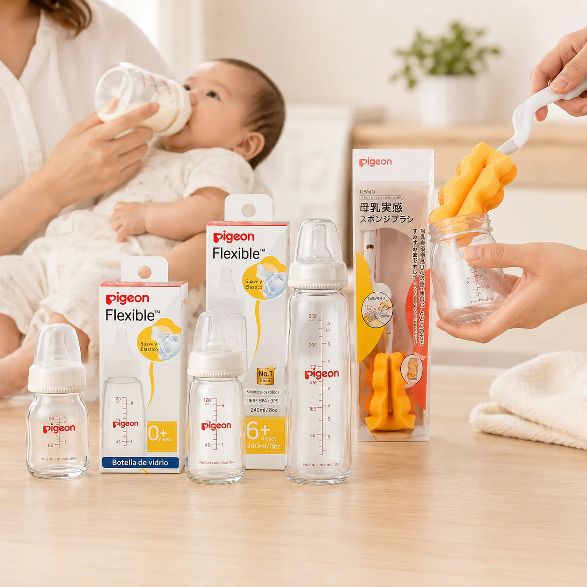 Kit Pigeon 3 Biberones de Vidrio (50ml, 120ml y 240ml) + Cepillo Limpiador 2