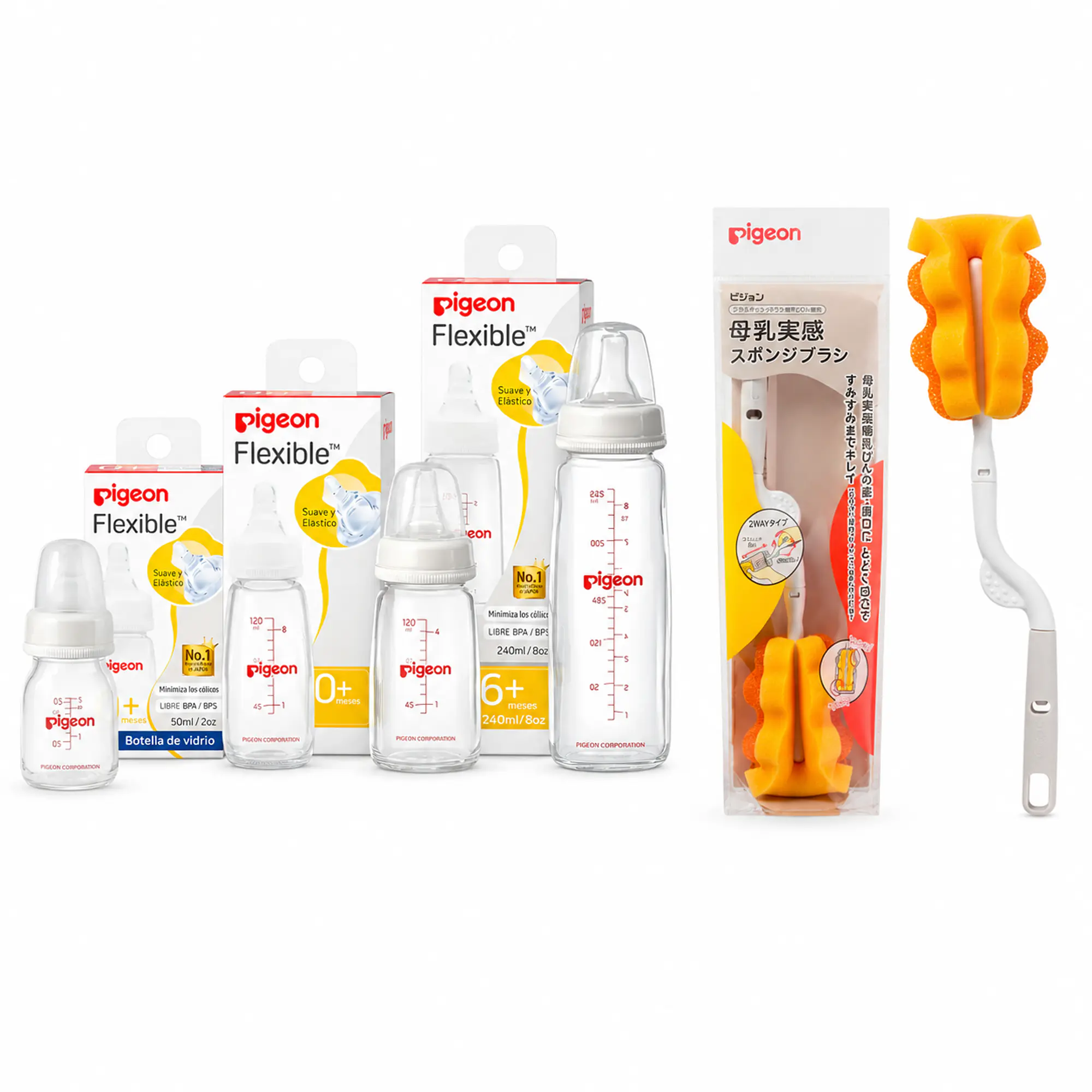 Kit Pigeon 3 Biberones de Vidrio (50ml, 120ml y 240ml) + Cepillo Limpiador 1