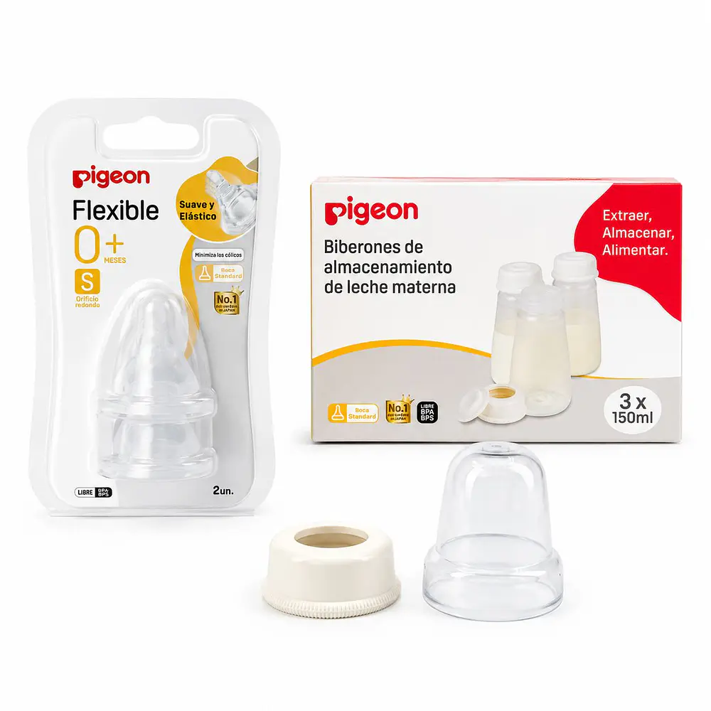 Kit Pigeon Almacenamiento de Leche Materna 3x150ml + Tetinas Flexible S 1