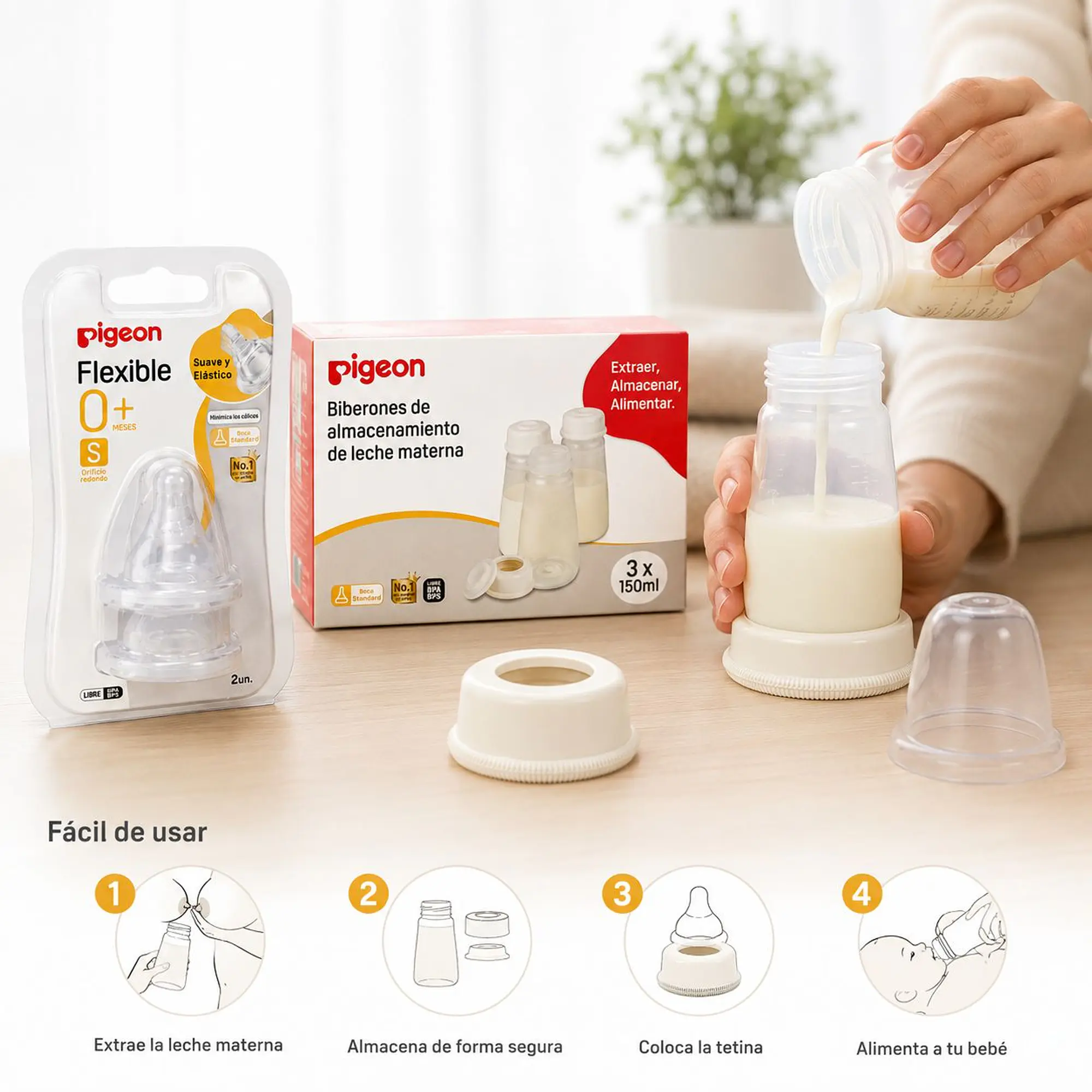 Kit Pigeon Almacenamiento de Leche Materna 3x150ml + Tetinas Flexible S 2