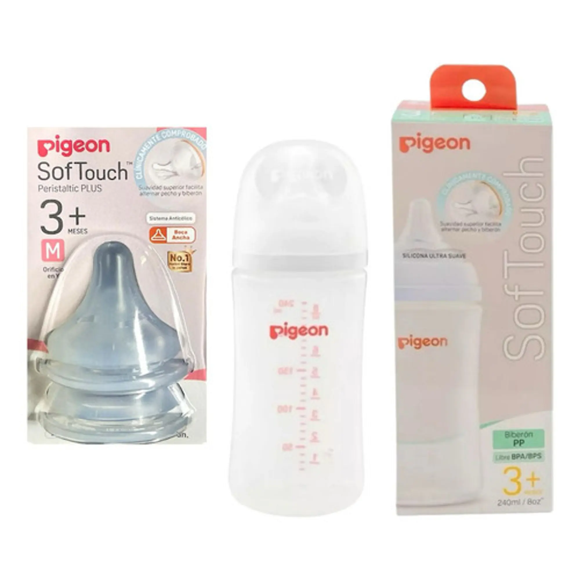 Mamadera 240ml Softouch Pp + Tetinas Boca Ancha talla M Pigeon  1