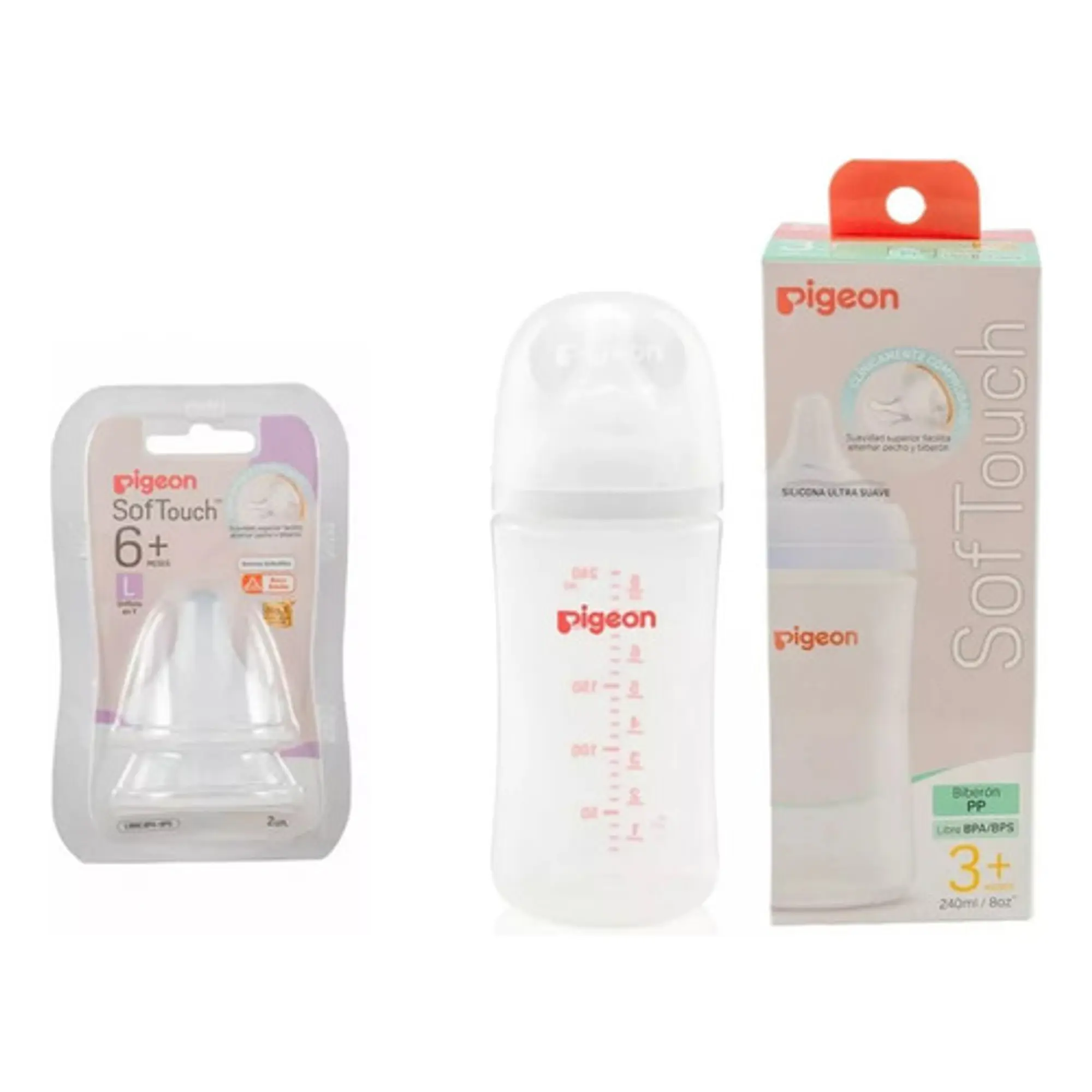 Mamadera 240ml Softouch Pp + Tetinas Boca Ancha talla L Pigeon  1