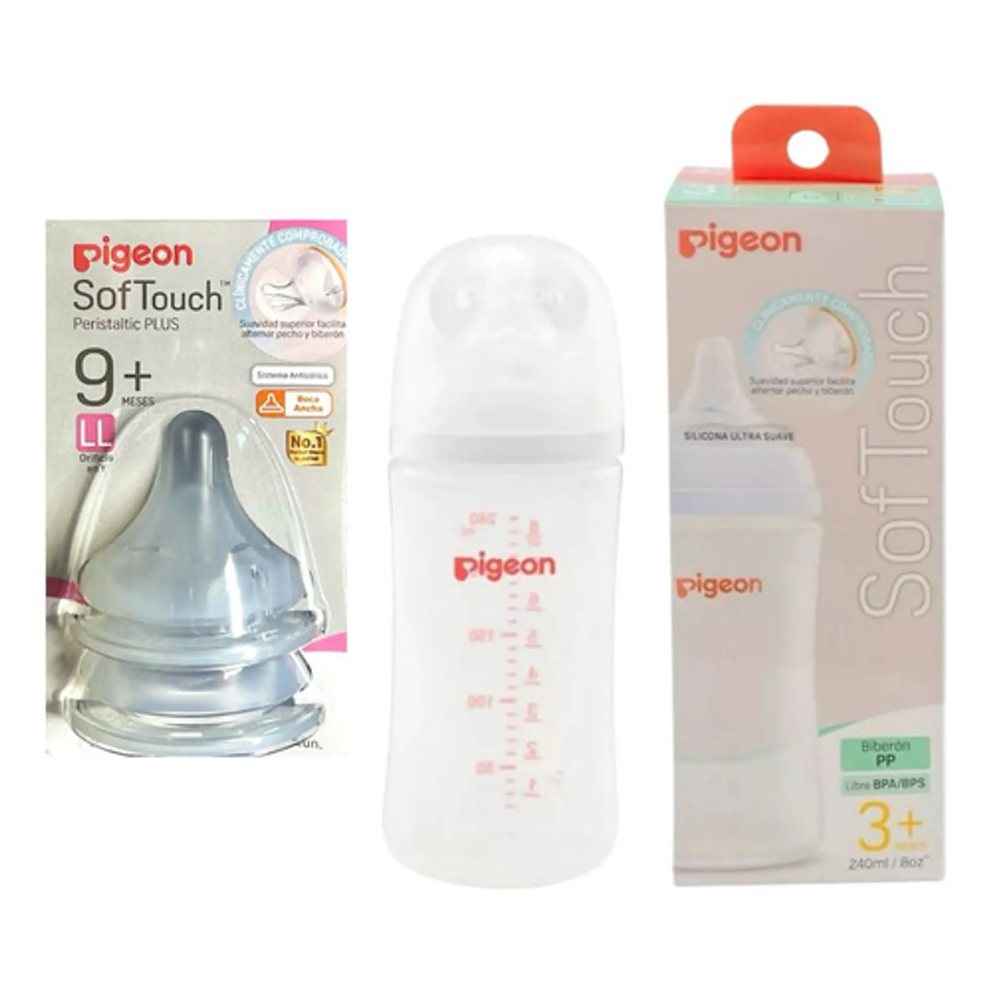 Mamadera 240ml Softouch Pp + Tetinas Boca Ancha talla LL Pigeon  1