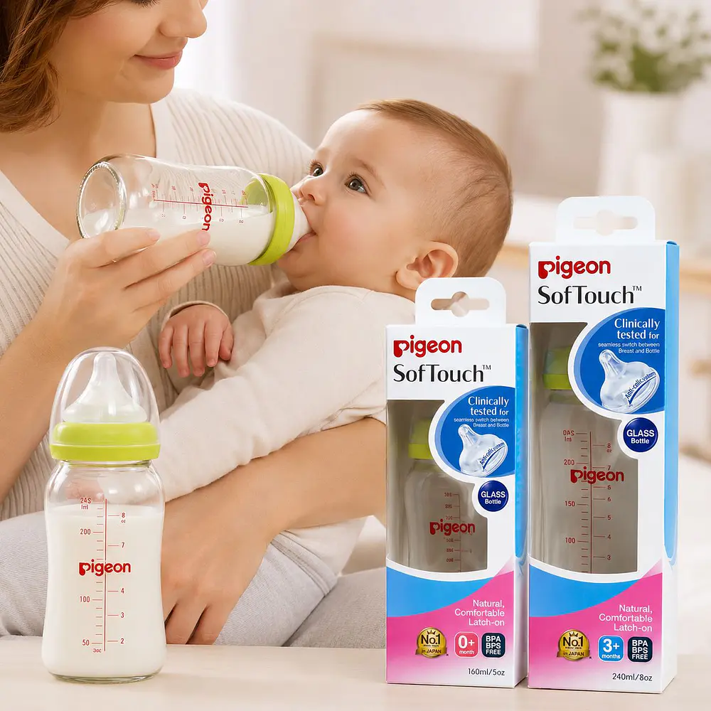 pack de biberones mamadera 160ml y 240 ml softouch color verde marca pigeon  2