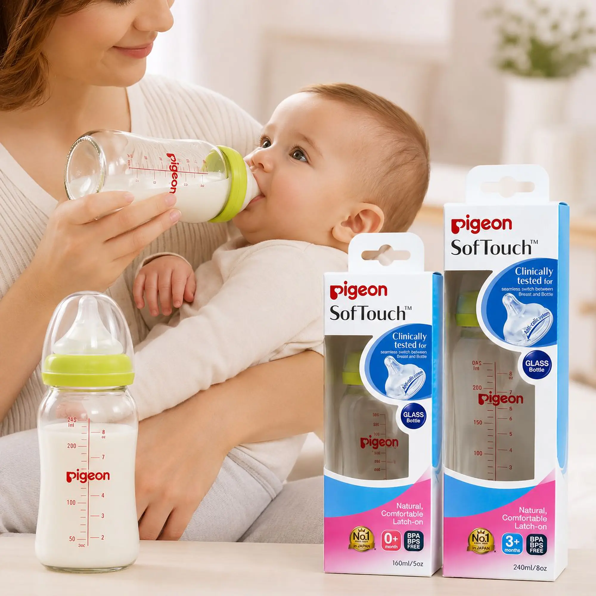 pack de biberones mamadera 160ml y 240 ml softouch color verde marca pigeon  2