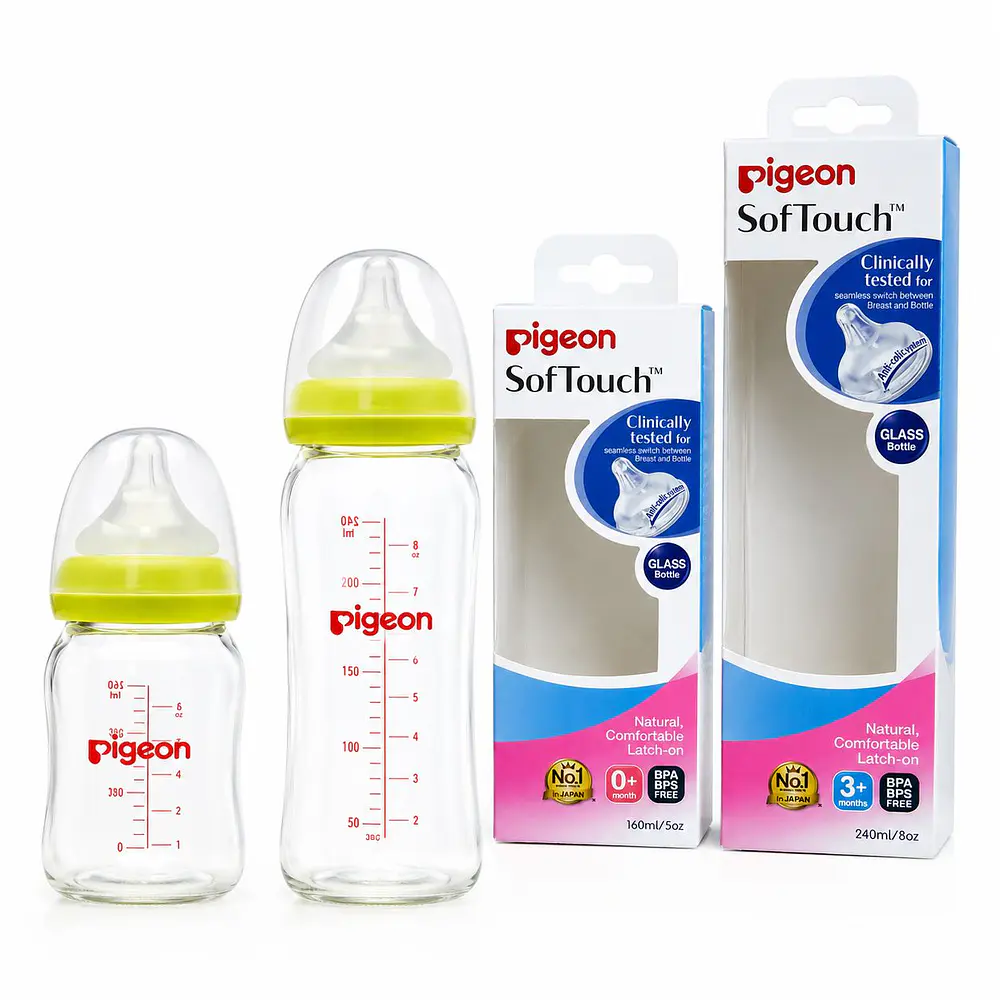 pack de biberones mamadera 160ml y 240 ml softouch color verde marca pigeon  1