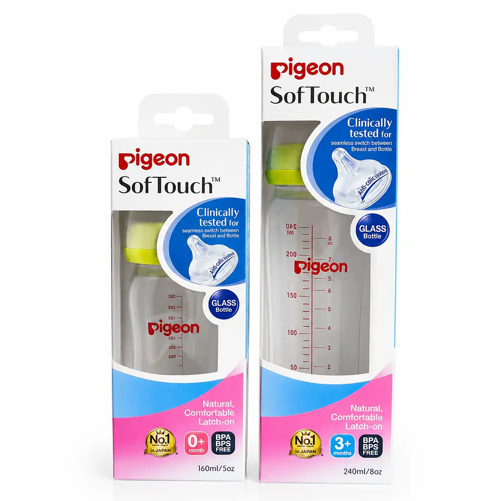 pack de biberones mamadera 160ml y 240 ml softouch color verde marca pigeon  3