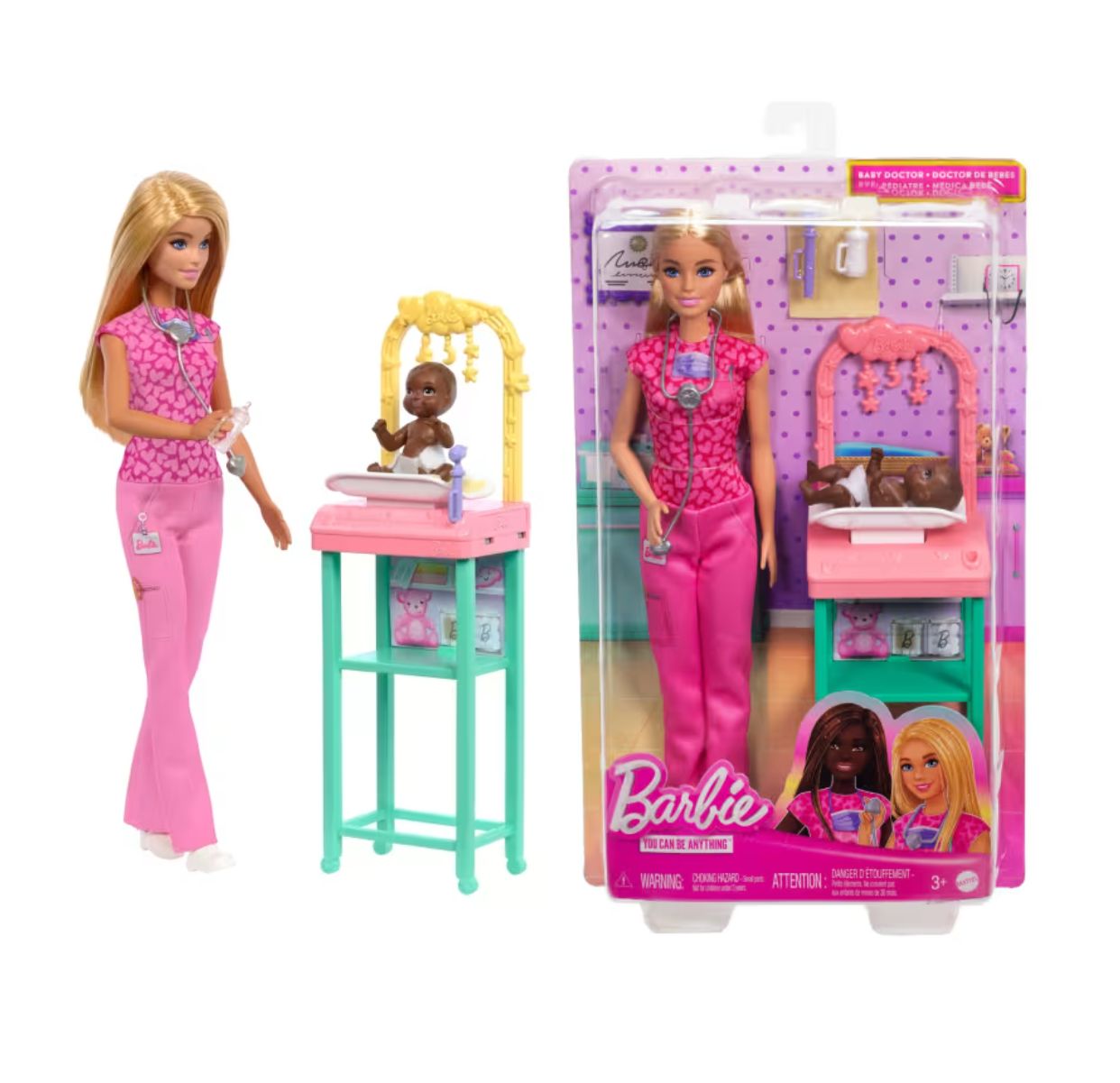 MUÑECA BARBIE PEDIATRA RUBIA CON BEBE MORENO ISA TOYS CHILE