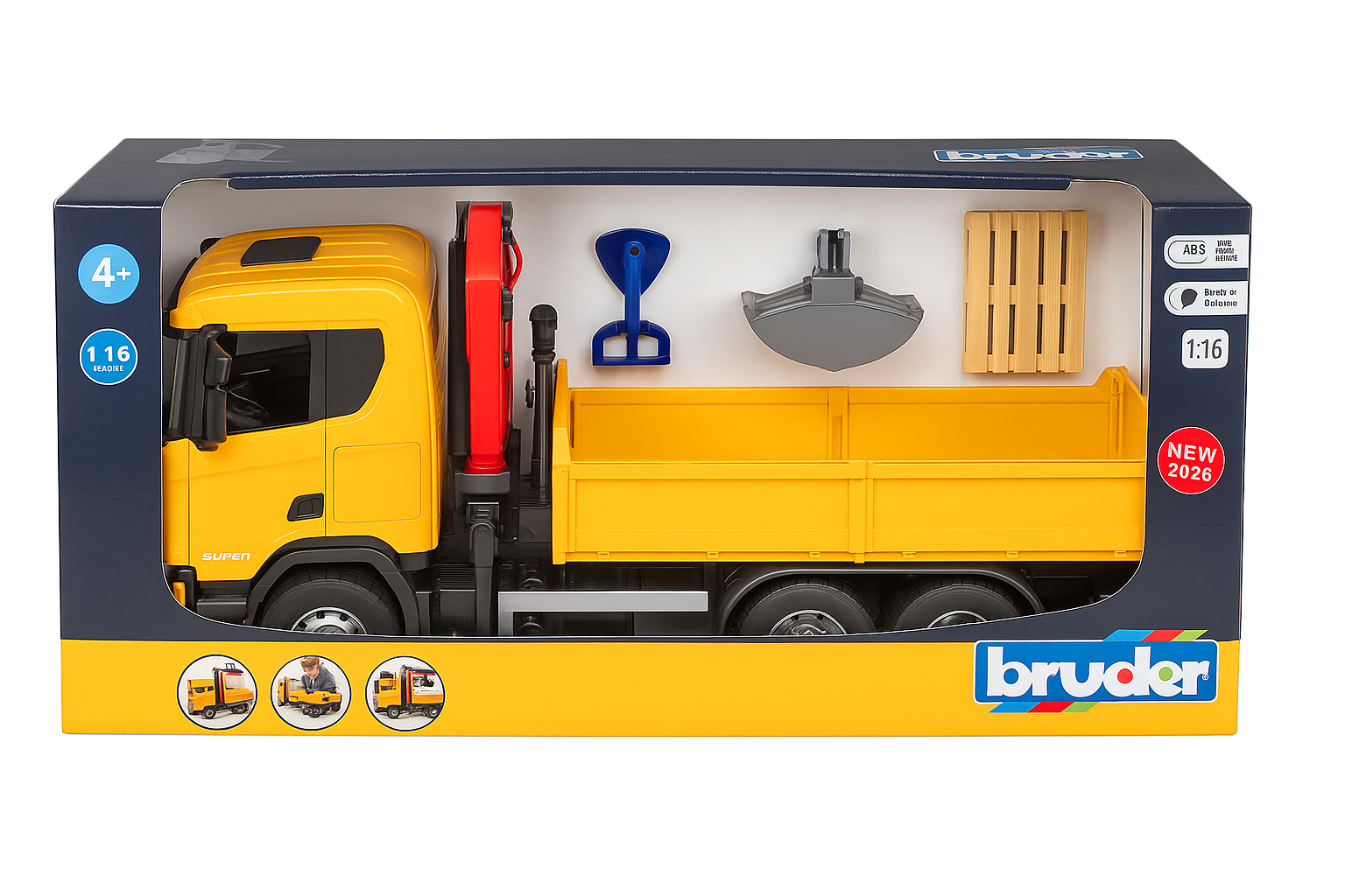 Bruder 03551 – Scania Super 560R Camión De Obras Con Grúa Y 2 Palets, Vehículo De Juguete 4+ Años, Escala 1:16 Con Patas Estabilizadoras