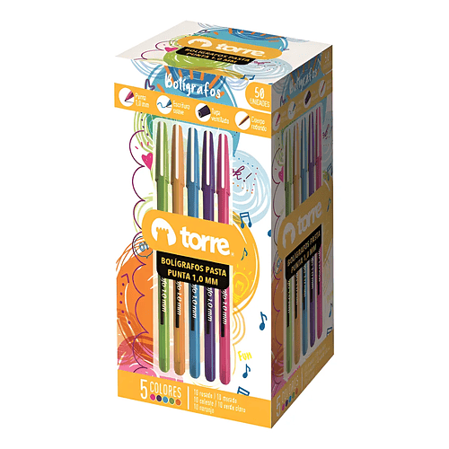 BOLÍGRAFOS TORRE 1.0 MM PACK 50 (5 COLORES)