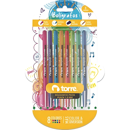 BLISTER 8 BOLIGRAFO GEL QUICK DRY 0,7MM COLORES FUN TORRE