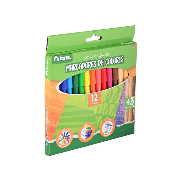 PLUMONES TORRE 12 COLORES + 3 TONOS PIEL PUNTA FINA 2