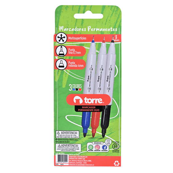 MARCADOR PERMANENTE DUO 3 COLORES TORRE  7