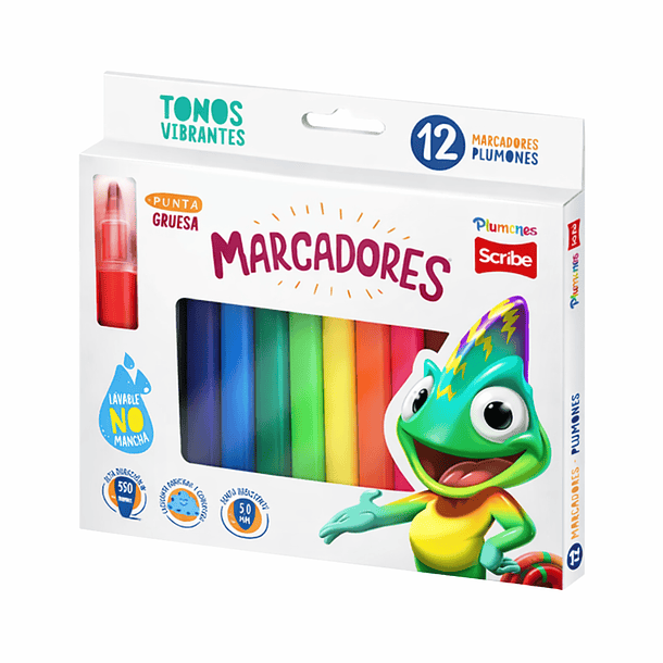 MARCADORES SCRIBE PLUMONES 12 COLORES PUNTA GRUESA