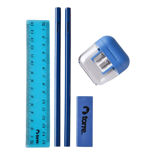 SET ESCOLAR AZUL TORRE 5 PIEZAS REGLA LÁPICES GOMA