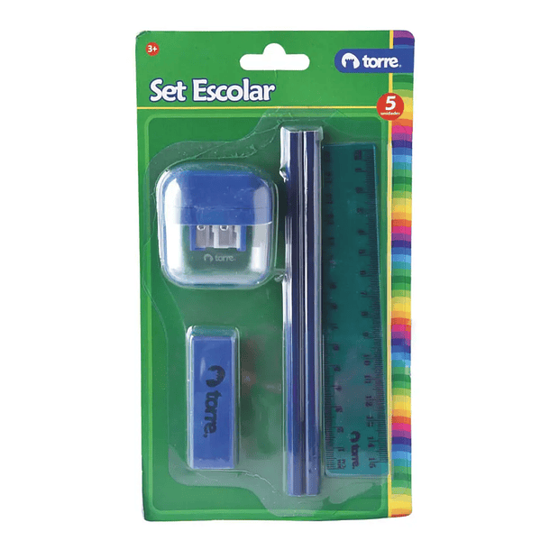 SET ESCOLAR AZUL TORRE 5 PIEZAS REGLA LÁPICES GOMA 2