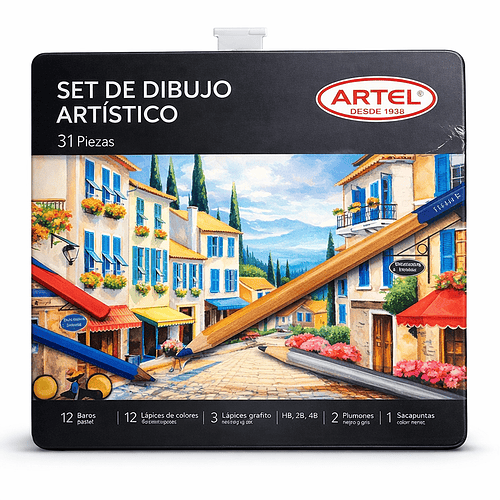 SET DE DIBUJO ARTÍSTICO ARTEL 31 PIEZAS CAJA METÁLICA