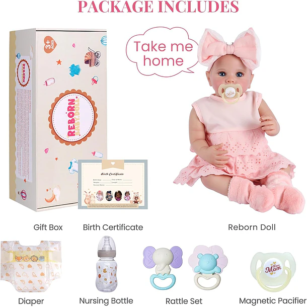 MUÑECA REBORN BEBÉ ROSA CON ACCESORIOS 43 CM 3
