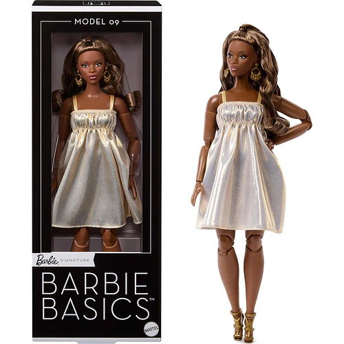 BARBIE BASICS MODEL 09 VESTIDO DORADO ARTICULADA