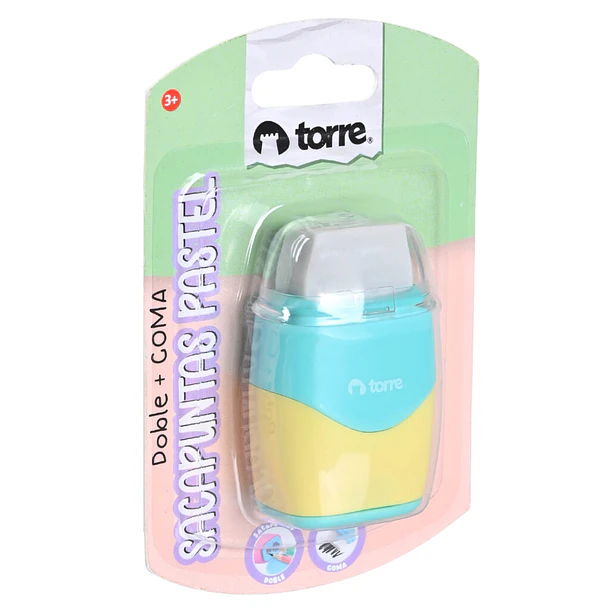 SACAPUNTAS DOBLE + GOMA PASTEL TORRE 1