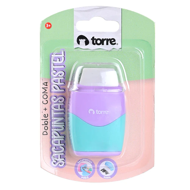 SACAPUNTAS DOBLE + GOMA PASTEL TORRE 3