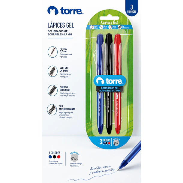 BOLÍGRAFOS GEL BORRABLES 0,7 MM TORRE 3 COLORES 2