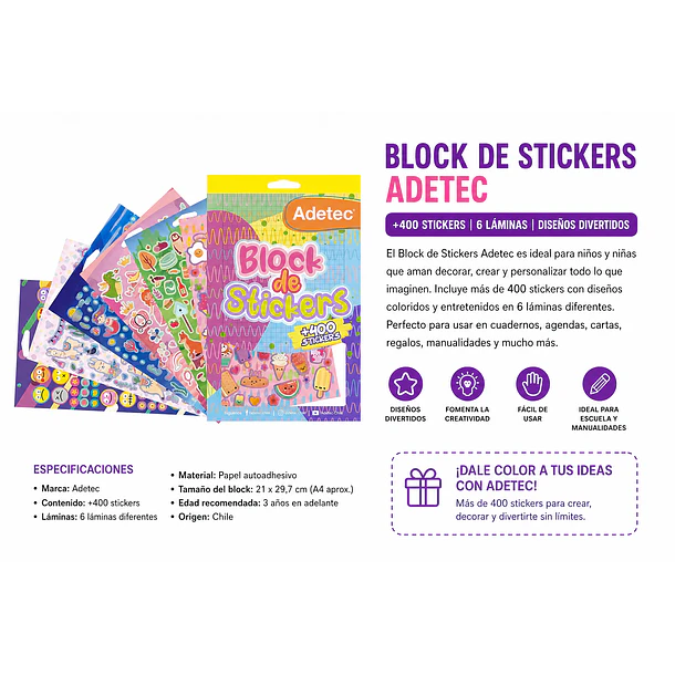 BLOCK DE STICKERS ADETEC +400 STICKERS 6 LÁMINAS 2