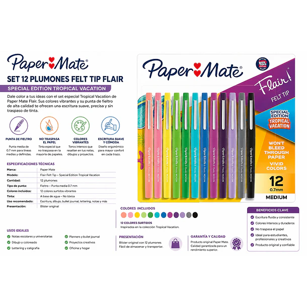 SET 12 PLUMONES PAPER MATE FLAIR 0.7 MM TROPICAL 2