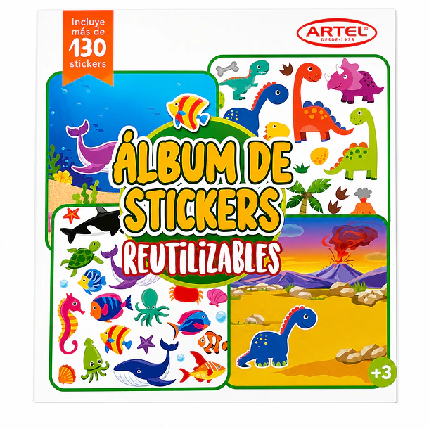 ÁLBUM STICKERS REUTILIZABLES DINOSAURIOS Y ANIMALES ARTEL 1