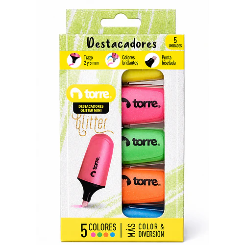 DESTACADORES GLITTER MINI TORRE 5 COLORES