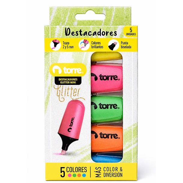 DESTACADORES GLITTER MINI TORRE 5 COLORES