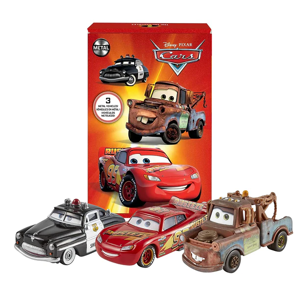 SET 3 AUTOS CARS METAL RAYO MCQUEEN MATE SHERIFF MATTEL 1