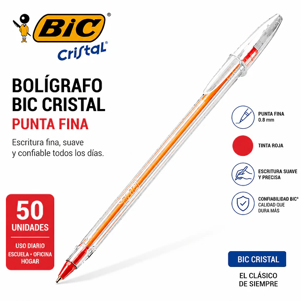 BOLÍGRAFO BIC CRISTAL PUNTA FINA 0,8 MM ROJO 50 UN 2