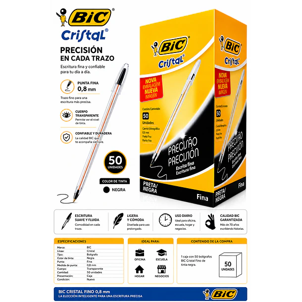 BOLÍGRAFO BIC CRISTAL FINO NEGRO 0,8 MM CAJA 50 UNIDADES 2