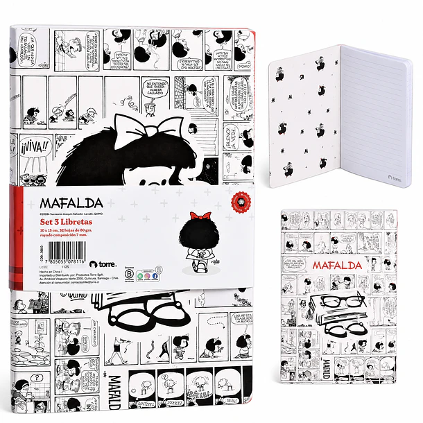 SET 3 LIBRETAS MAFALDA TORRE 10X15 CM RAYADO COMPOSICIÓN 3