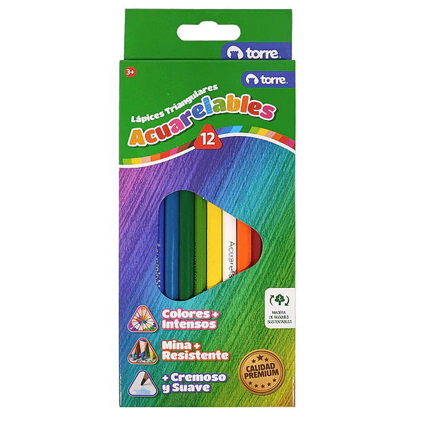 LÁPICES ACUARELABLES TRIANGULARES TORRE 12 COLORES