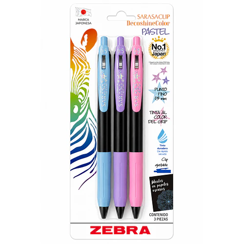 BOLÍGRAFOS GEL ZEBRA SARASA CLIP PASTEL 0.5 MM 3 UN